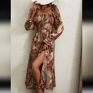 Shein Paisley Print Long Sleeve Midi Dress- Size XXL